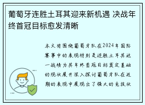 葡萄牙连胜土耳其迎来新机遇 决战年终首冠目标愈发清晰