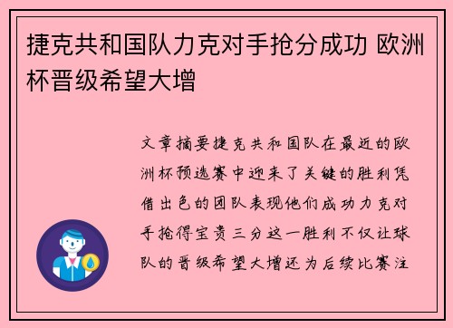 捷克共和国队力克对手抢分成功 欧洲杯晋级希望大增