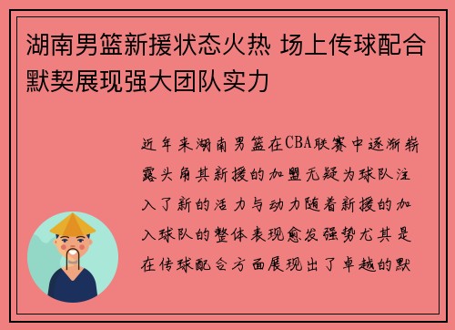 湖南男篮新援状态火热 场上传球配合默契展现强大团队实力
