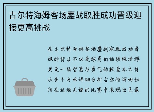 古尔特海姆客场鏖战取胜成功晋级迎接更高挑战