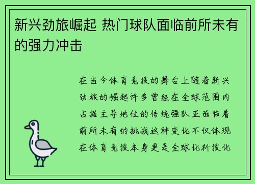 新兴劲旅崛起 热门球队面临前所未有的强力冲击